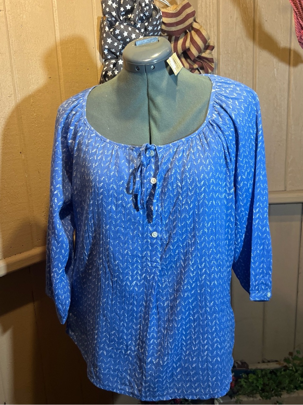 NWT LOFT Blue Printed Peasant Blouse with Tie Neck 100 % cotton OVERSIZED SP